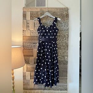 Collectif navy blue midi belted dress with white hearts sz XS EUC